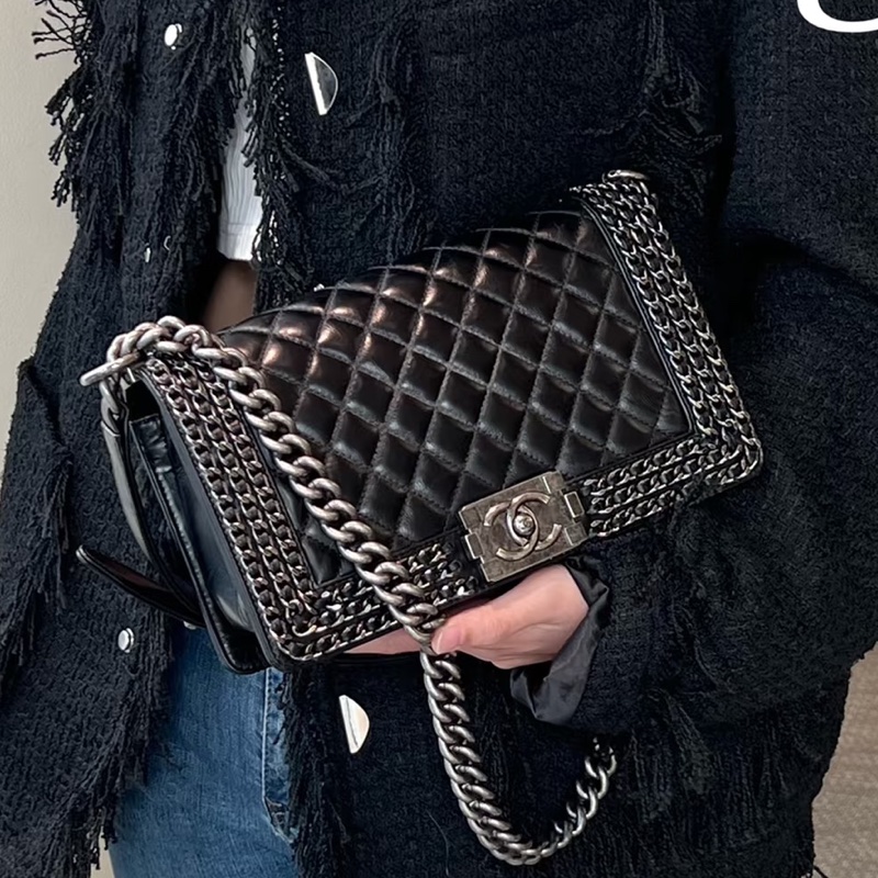 限量款超低價😍Chanel香奈兒黑銀滾邊鏈條牛皮leboy單肩斜挎包-7