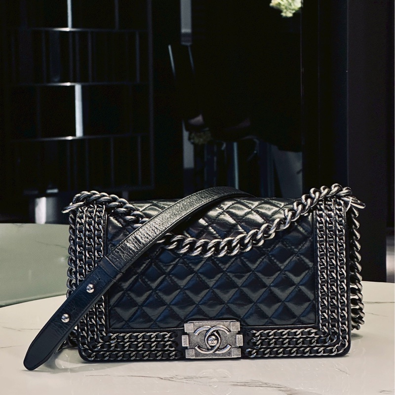 限量款超低價😍Chanel香奈兒黑銀滾邊鏈條牛皮leboy單肩斜挎包-9