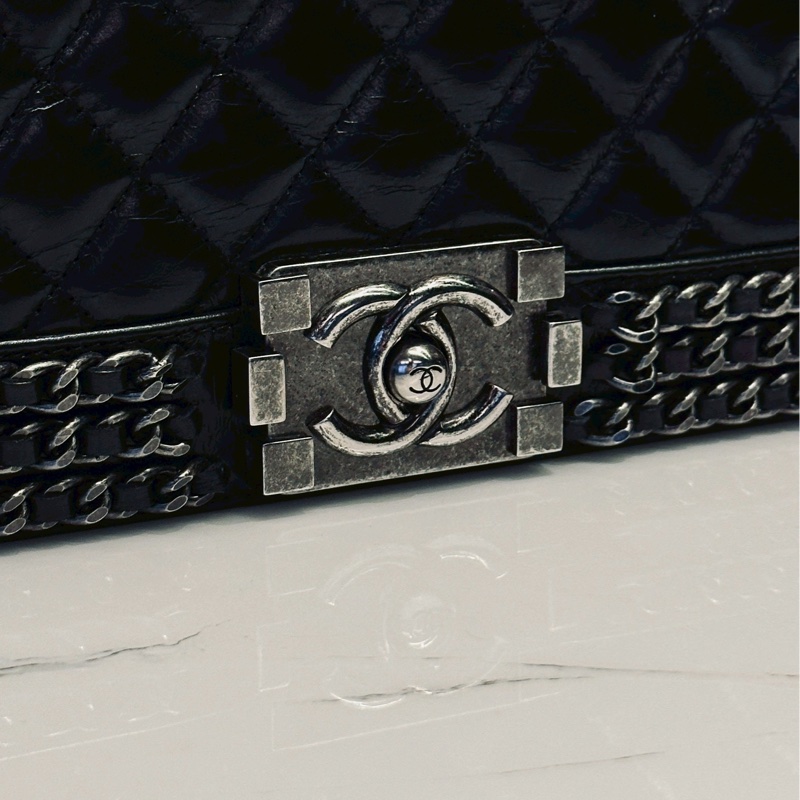 限量款超低價😍Chanel香奈兒黑銀滾邊鏈條牛皮leboy單肩斜挎包-10