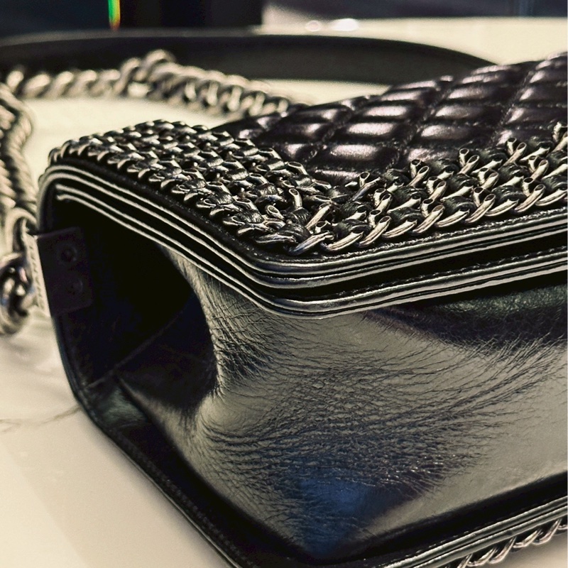 限量款超低價😍Chanel香奈兒黑銀滾邊鏈條牛皮leboy單肩斜挎包-16