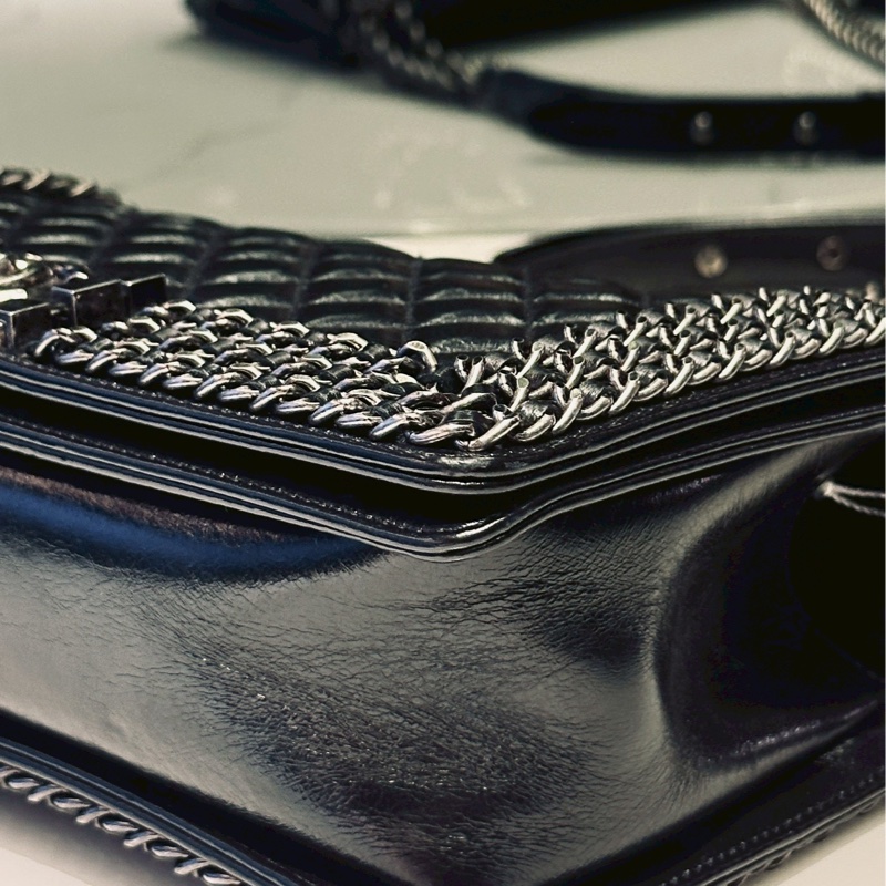 限量款超低價😍Chanel香奈兒黑銀滾邊鏈條牛皮leboy單肩斜挎包-17