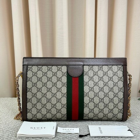 Gucci古馳Ophidia老花夾子鏈條包 經典老花配紅綠條紋 金色鏈條 可單肩可斜挎 容量大 實用性強 日常百搭