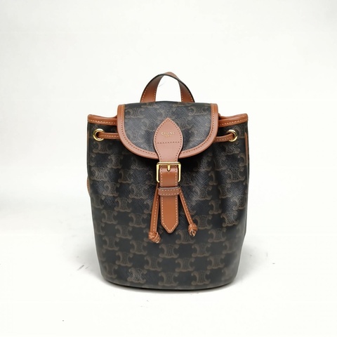 CELINE Folco抽繩雙肩包Mini迷你褐色PVC老花