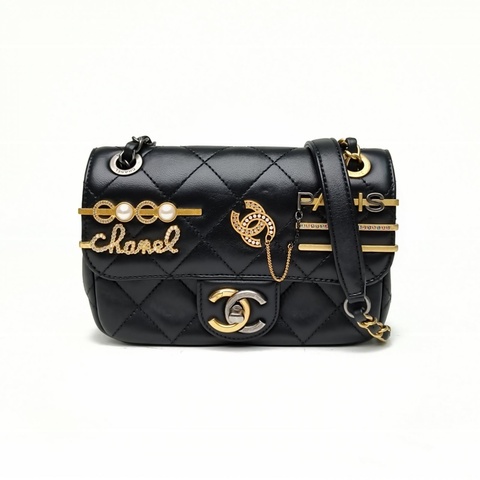 CHANEL 22CCF口蓋包方胖子黑色羊皮晶片開金銀扣C徽章肩背包