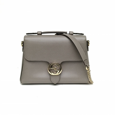 GUCCI Interlock手提風琴包26灰色牛皮淺金扣肩背包