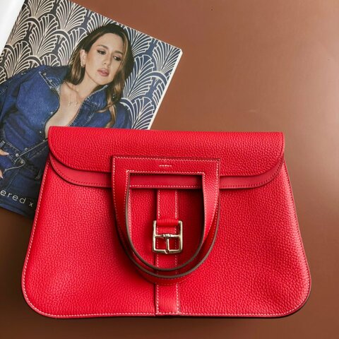 C刻:: HALZAN 31 ::HERMES 愛馬仕:: 紅色銀釦斜背包 肩背包 手提包