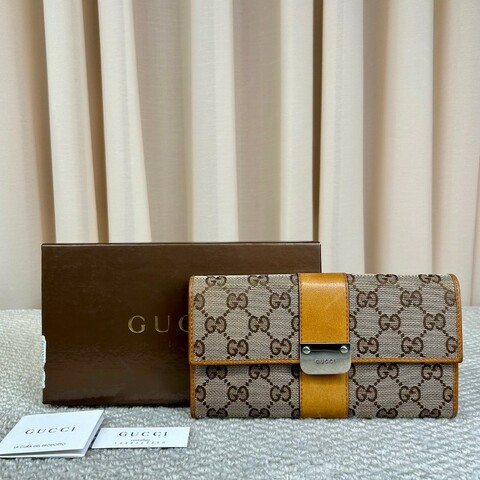 古馳Gucci老花長款錢包手拿包 經典雙G帆布配黃褐色 卡位充足 容量實用 日常使用方便百搭