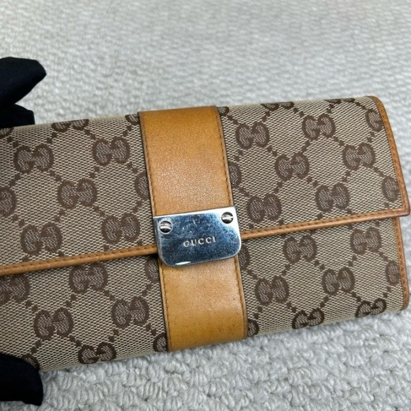 古馳Gucci老花長款錢包手拿包 經典雙G帆布配黃褐色 卡位充足 容量實用 日常使用方便百搭-2