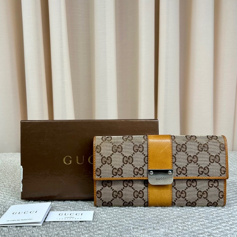 古馳Gucci老花長款錢包手拿包 經典雙G帆布配黃褐色 卡位充足 容量實用 日常使用方便百搭-5