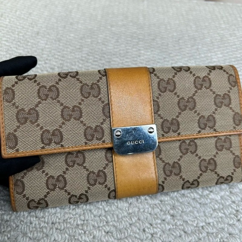 古馳Gucci老花長款錢包手拿包 經典雙G帆布配黃褐色 卡位充足 容量實用 日常使用方便百搭-22