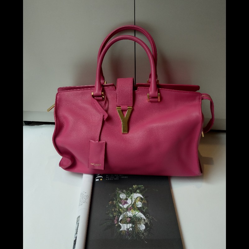 YSL Y字金釦桃紅皮大方提包-0