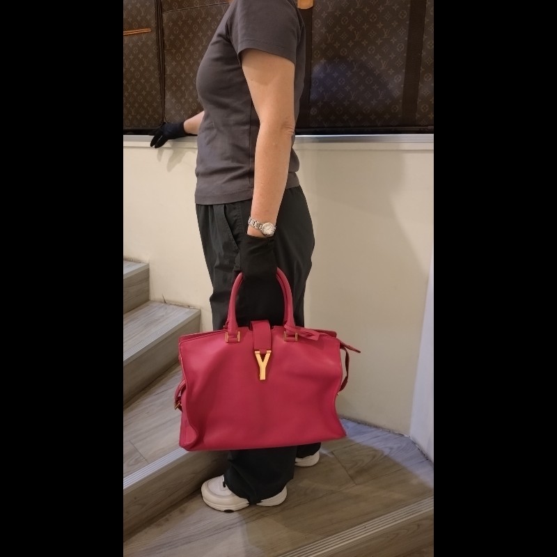 YSL Y字金釦桃紅皮大方提包-3