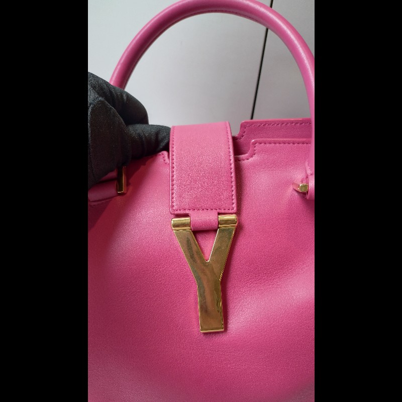 YSL Y字金釦桃紅皮大方提包-4