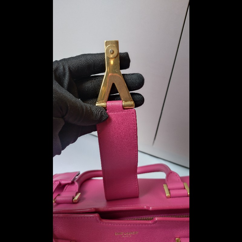 YSL Y字金釦桃紅皮大方提包-5