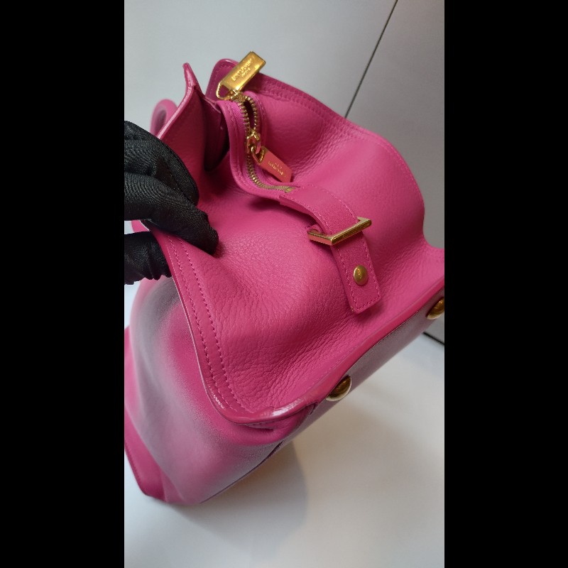 YSL Y字金釦桃紅皮大方提包-6