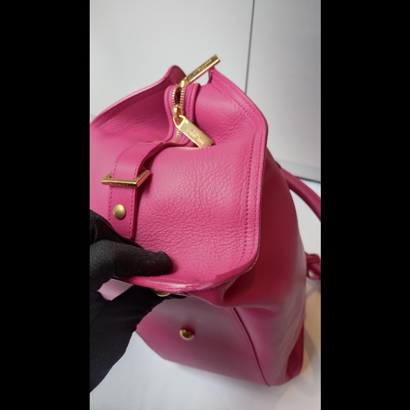 YSL Y字金釦桃紅皮大方提包-12