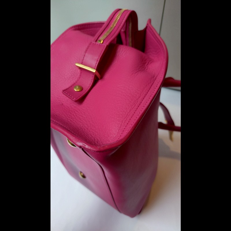 YSL Y字金釦桃紅皮大方提包-13
