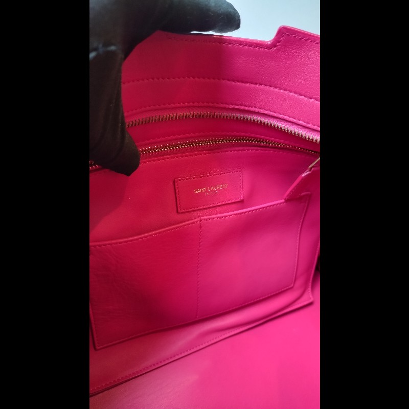 YSL Y字金釦桃紅皮大方提包-15