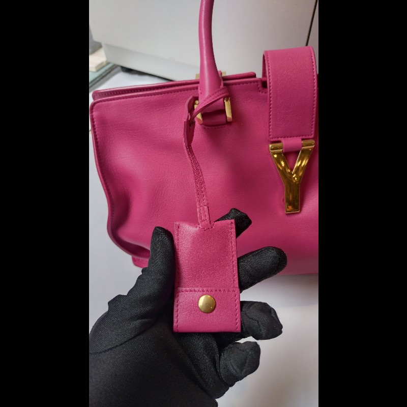 YSL Y字金釦桃紅皮大方提包-31