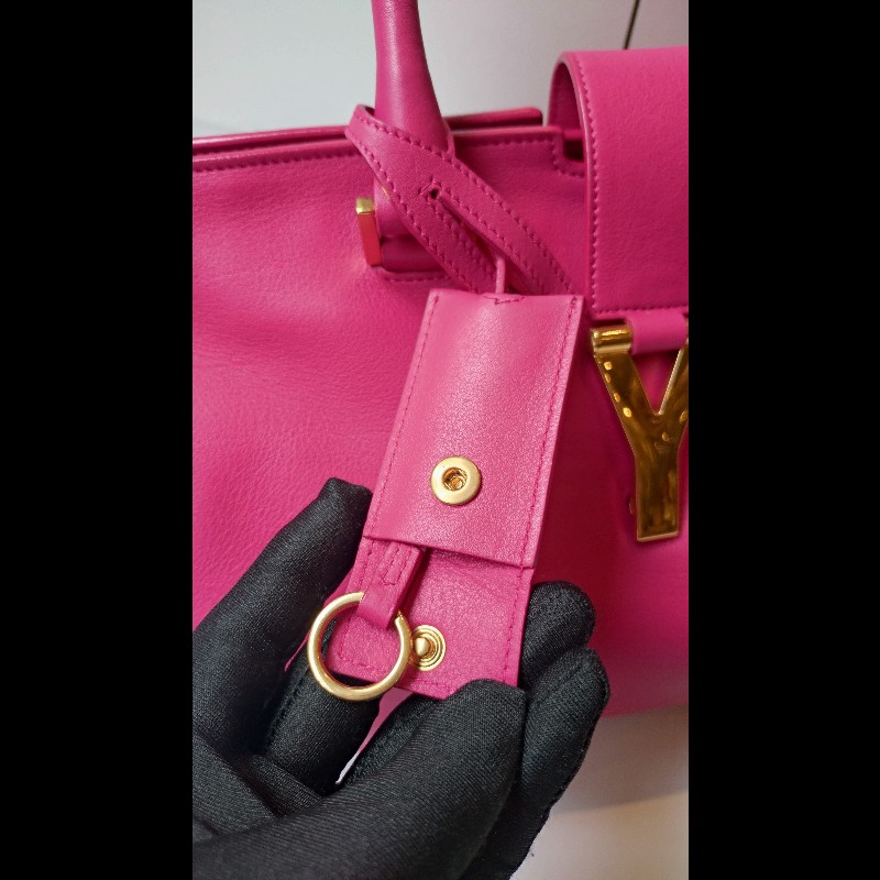 YSL Y字金釦桃紅皮大方提包-33