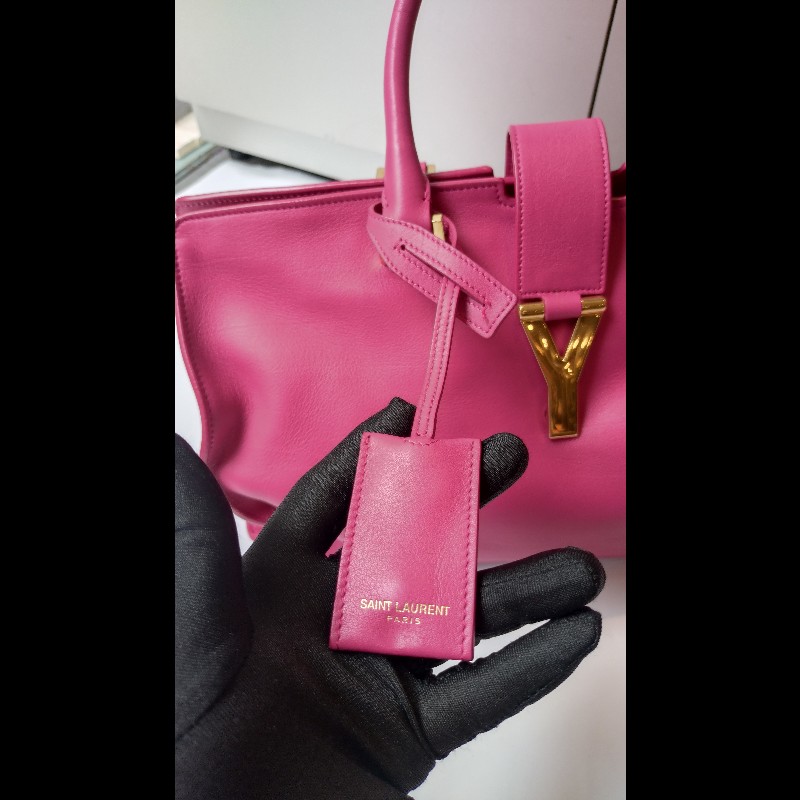 YSL Y字金釦桃紅皮大方提包-34