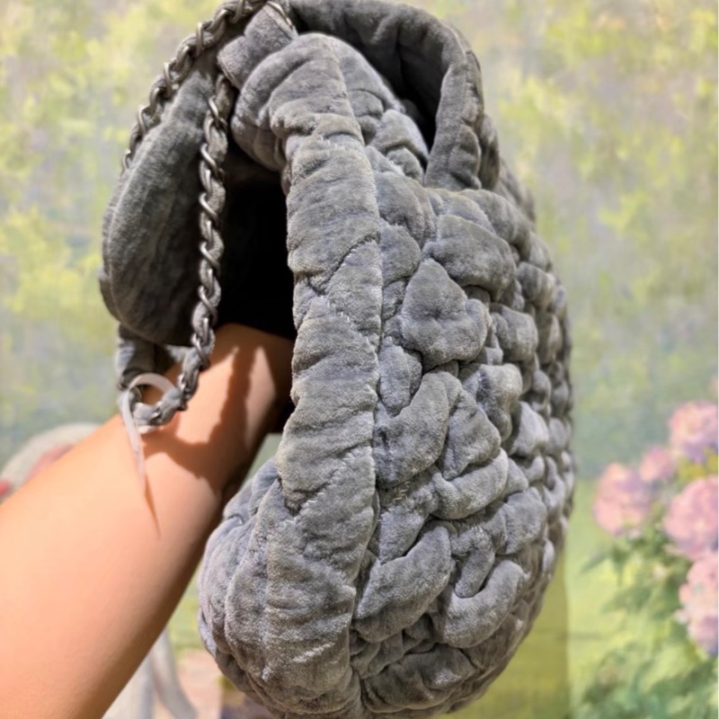 CHANEL/香奈兒 灰色絲絨銀扣雲朵包機場包 12開中古 尺寸39*13*28-4