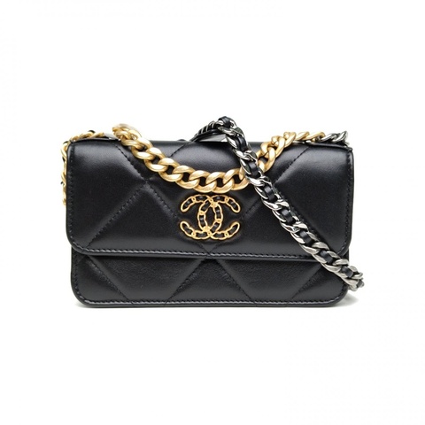 CHANEL 19BAG吸扣woc17黑色羊皮鐳射標金銀扣肩背包