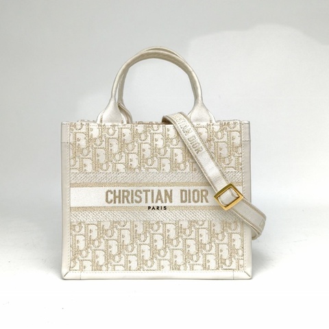 DIOR 米白色帆布金扣印花字母刺繡BookTote小號肩背包