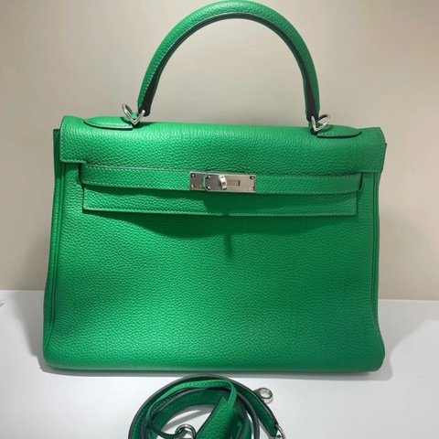 愛馬仕/Hermes Kelly32 竹子綠銀扣 Togo 框R刻 手提肩帶款