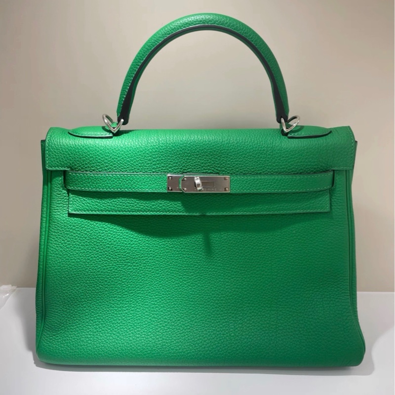 愛馬仕/Hermes Kelly32 竹子綠銀扣 Togo 框R刻 手提肩帶款-2