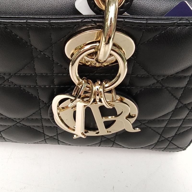 DIOR LadyD-Joy橫版戴妃包中號26黑色羊皮金扣肩背包-4
