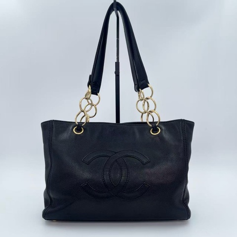 「JL精品代購」香奈兒黑金牛皮外縫大logo金屬環單肩托特包