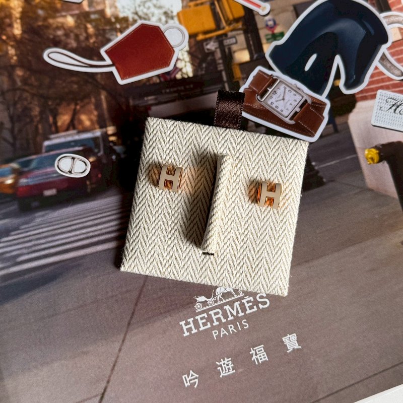✨必買款✨全新商品 Hermes 奶茶色H玫瑰金 mini pop耳環-0