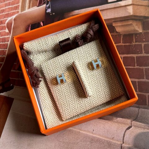 💖全新商品😍Hermes 水藍色金H mini pop 耳環