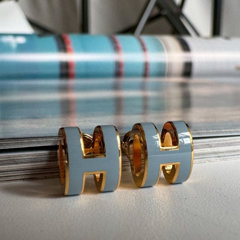 💖全新商品😍Hermes 水藍色金H mini pop 耳環-2