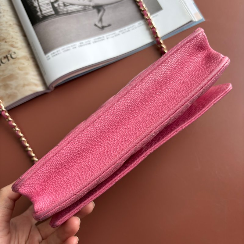 ::CHANEL:: 粉色金雙C 吸釦鏈帶WOVC 鍊條包 斜背包 鍊帶皮夾-3