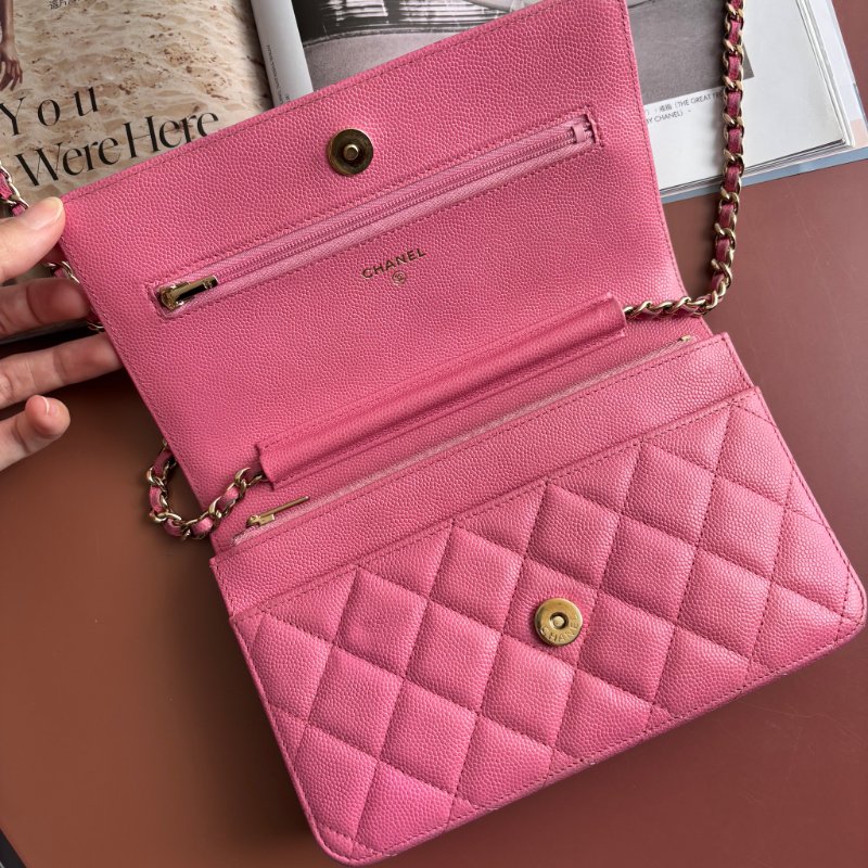 ::CHANEL:: 粉色金雙C 吸釦鏈帶WOVC 鍊條包 斜背包 鍊帶皮夾-5