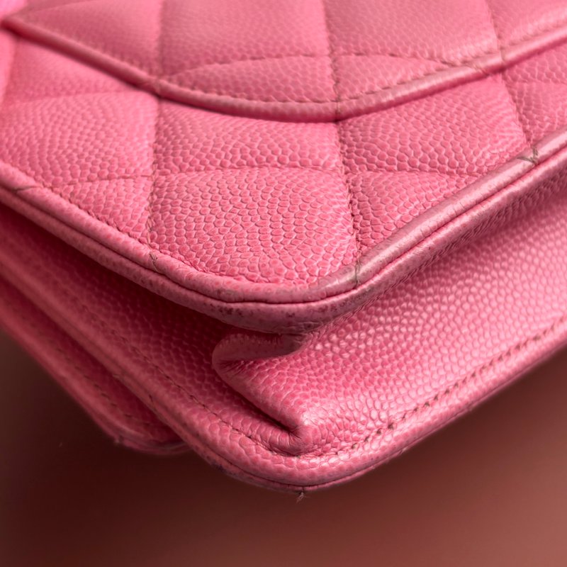 ::CHANEL:: 粉色金雙C 吸釦鏈帶WOVC 鍊條包 斜背包 鍊帶皮夾-12