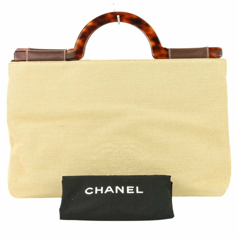 99P 香奈兒復古 Coco 縫線亞麻玳瑁紋手柄手提包 A12464Y01855 淺米色 女士