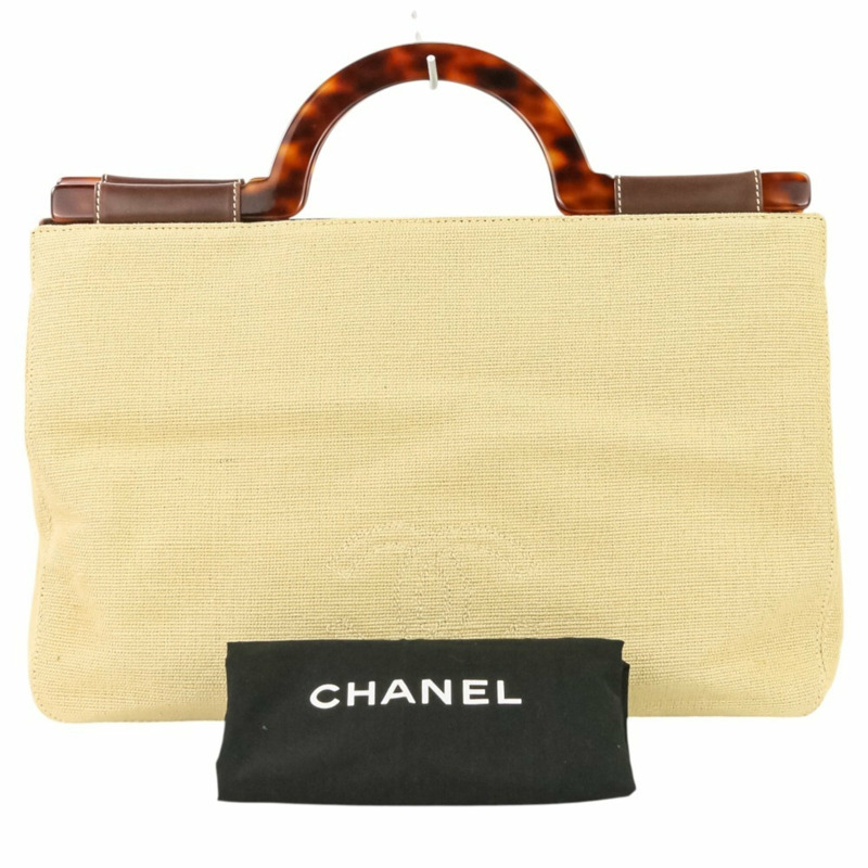 99P 香奈兒復古 Coco 縫線亞麻玳瑁紋手柄手提包 A12464Y01855 淺米色 女士-0