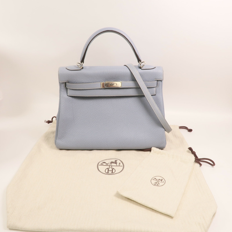 HERMES Togo皮革Kelly 32銀扣手挽肩背兩用袋Bleu Lin-8
