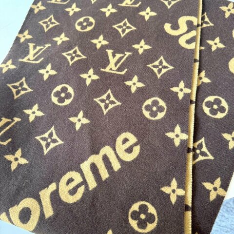 Louis Vuitton Supreme 聯名 經典 焦糖色 羊毛 羊絨 流蘇 圍巾 MP1891