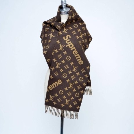 Louis Vuitton Supreme 聯名 經典 焦糖色 羊毛 羊絨 流蘇 圍巾 MP1891-5