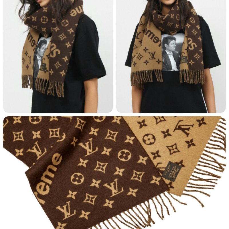 Louis Vuitton Supreme 聯名 經典 焦糖色 羊毛 羊絨 流蘇 圍巾 MP1891-6