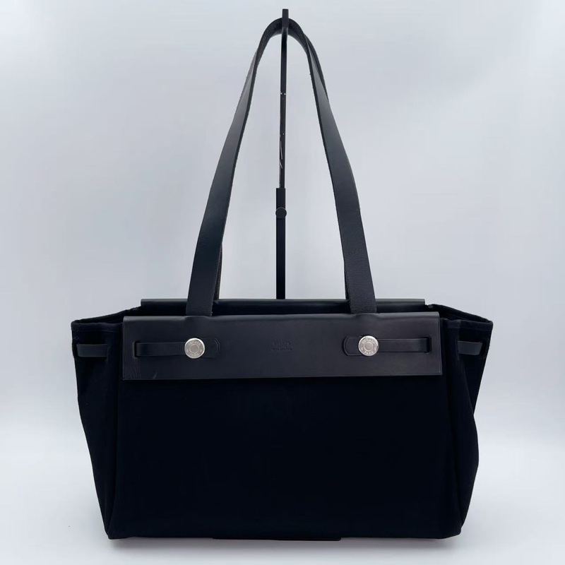 「JL精品代購」愛馬仕黑/深藍色herbag cabas帆布拼皮手提單肩托特包-1