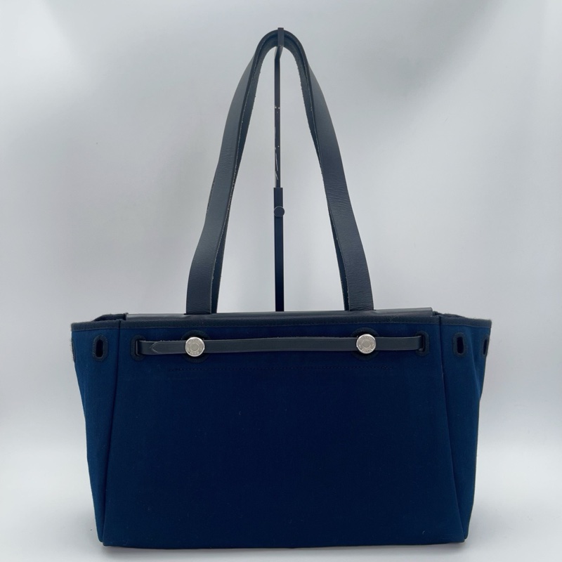 「JL精品代購」愛馬仕黑/深藍色herbag cabas帆布拼皮手提單肩托特包-12