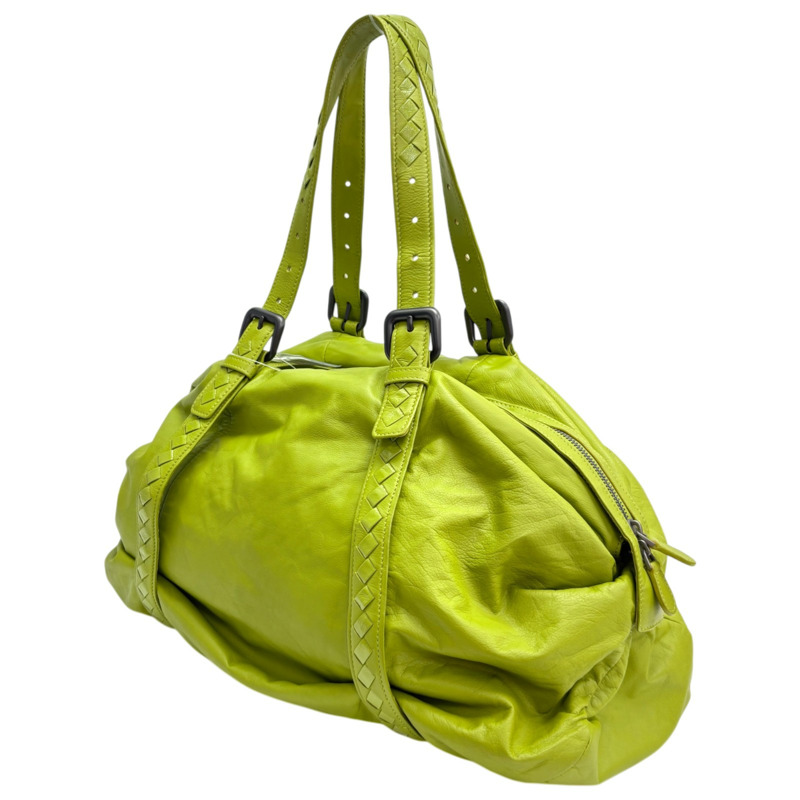 黃綠色 編織 羊皮 波士頓包 肩背包【BOTTEGA VENETA BV 寶緹嘉】 246128-1