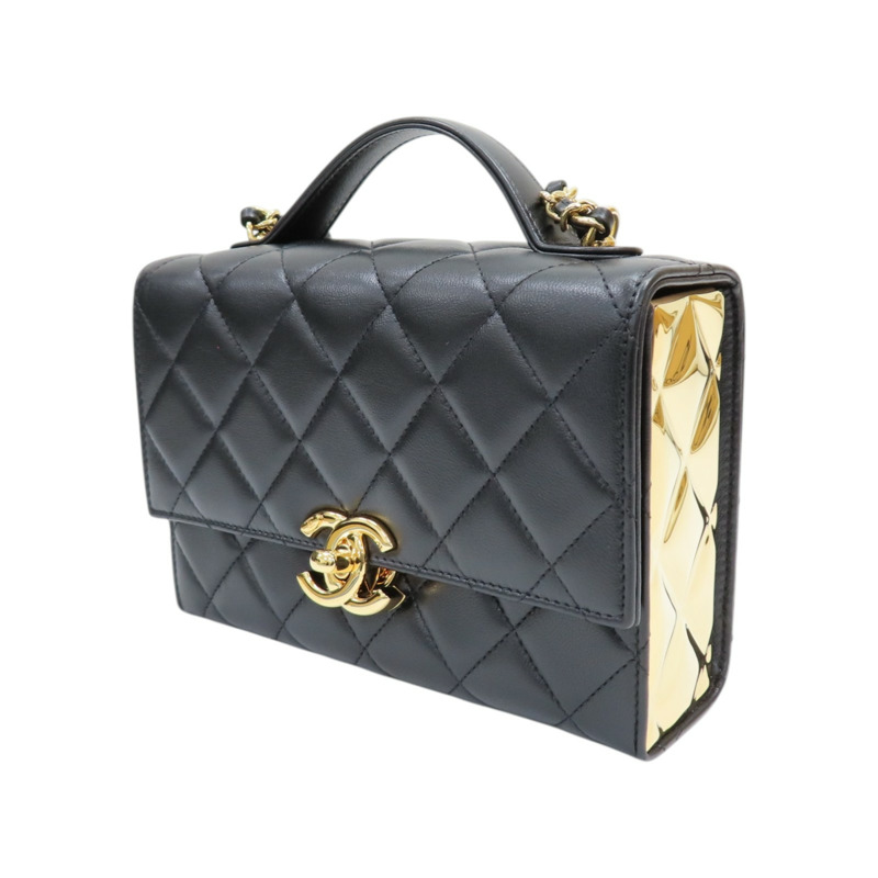 黑色 菱格紋 羊皮 Mini Top Handle Flap 兩用包 金扣【CHANEL 香奈兒】 AS2796-2
