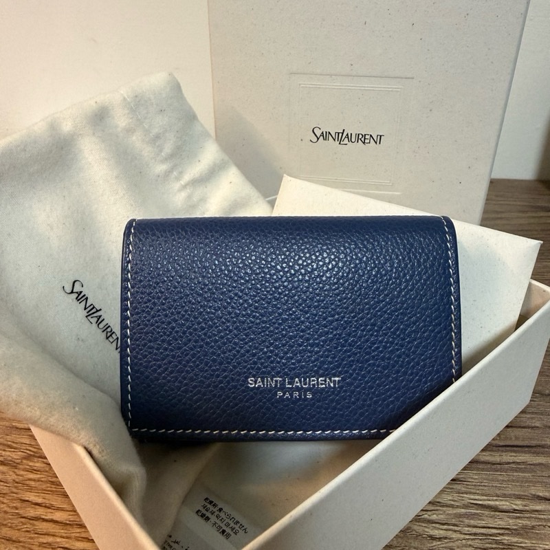二手 saint laurent 深藍色三折短夾-1