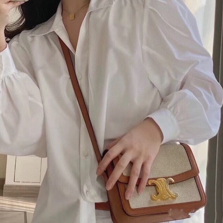 ✨Celine 凱旋門 帆布焦糖色金扣 郵差包 99新 高貴溫柔的配色🍁-2